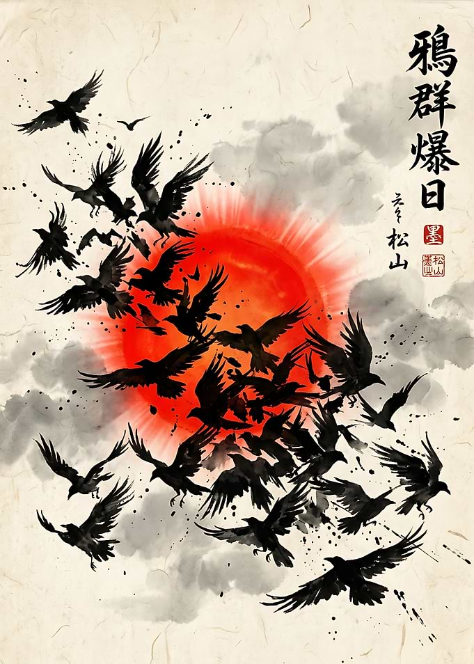 Japanese Crow Print — Black Ravens Red Sun Ink Art, Japanese Wall Art, Dark Bird Poster, Sumi-e Art Print