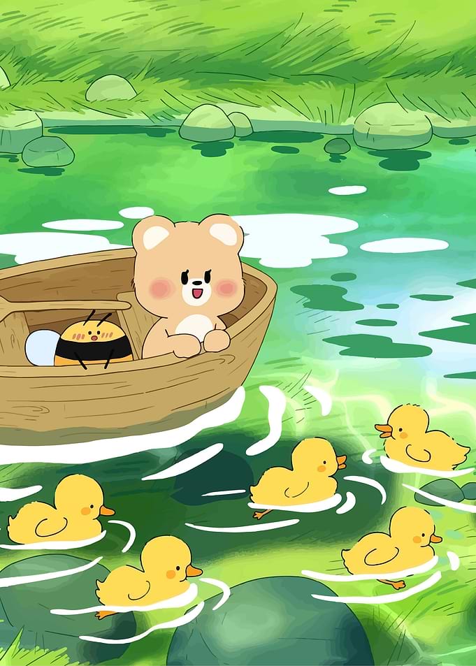 Cute bear and bee on a boat with ducklings