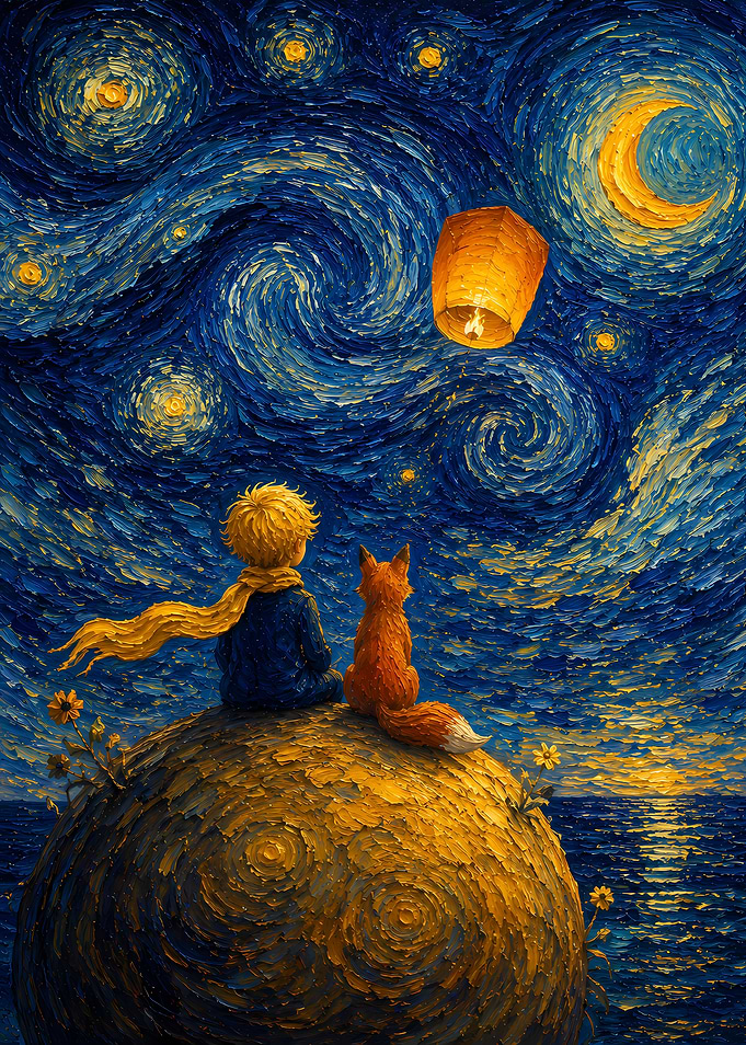 The Little Prince and Fox under Starry Night