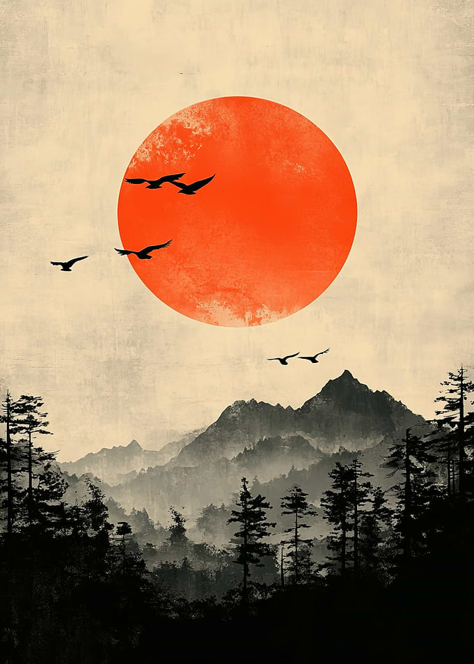 Birds flying over misty mountains at sunset
