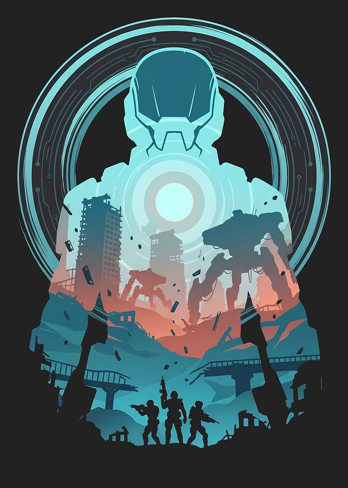 Sci-fi Soldier Silhouette in Ruined City