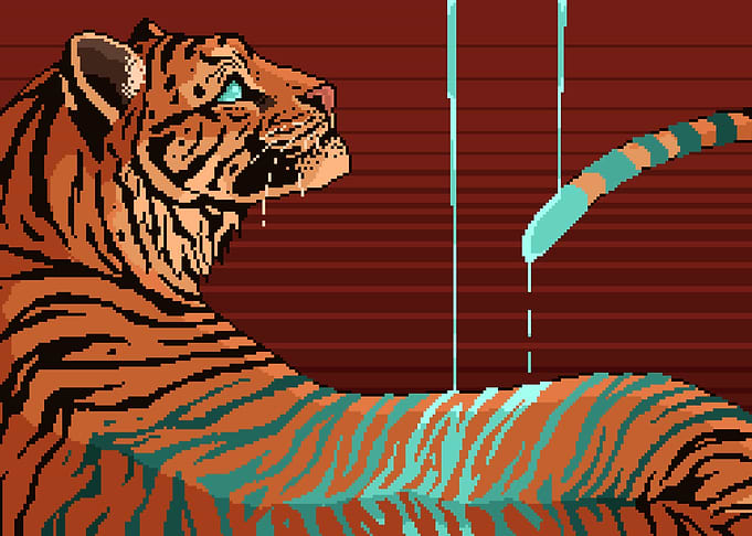 Pixel Art Tiger with Teal Stripes