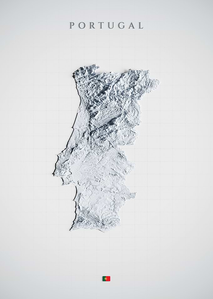 Portugal Topographic Map - Light Shaded Relief, 3D Elevation Poster