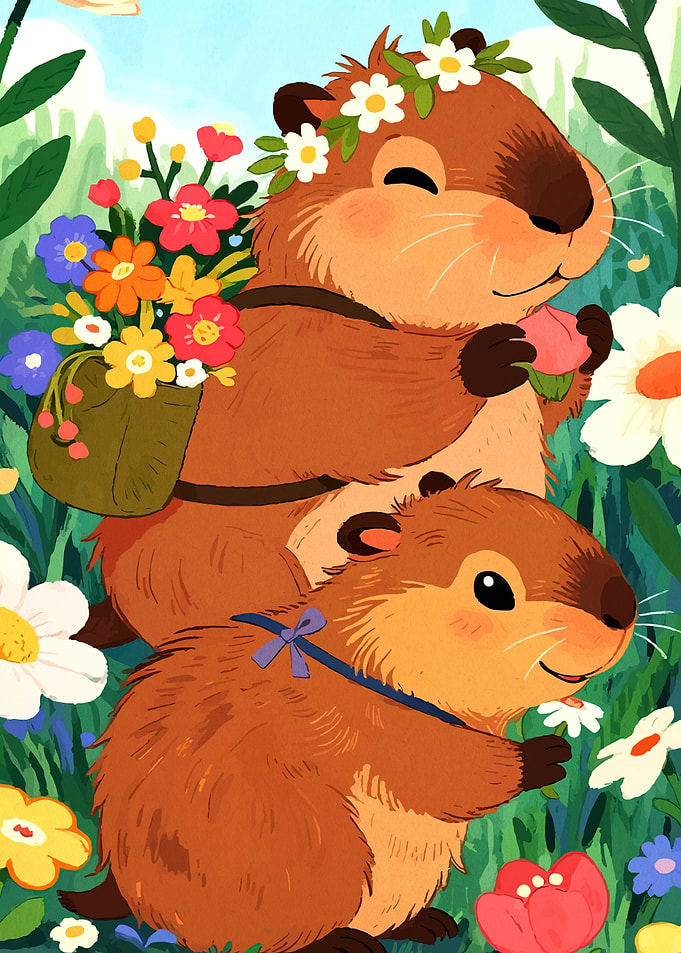 Two Cute Capybaras in a Field of Flowers