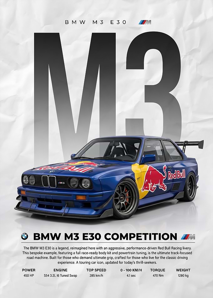 A dynamic bmw m3 e30 racing car poster