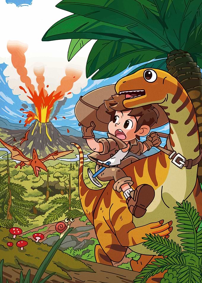 Boy riding a dinosaur near volcano