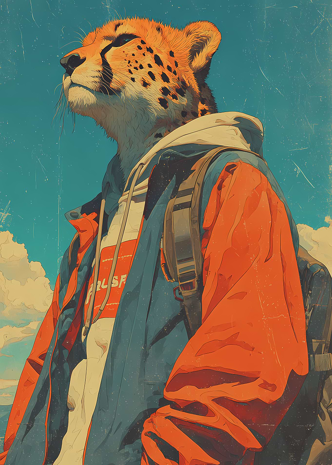 Cheetah in Retro Jacket and Backpack Vintage