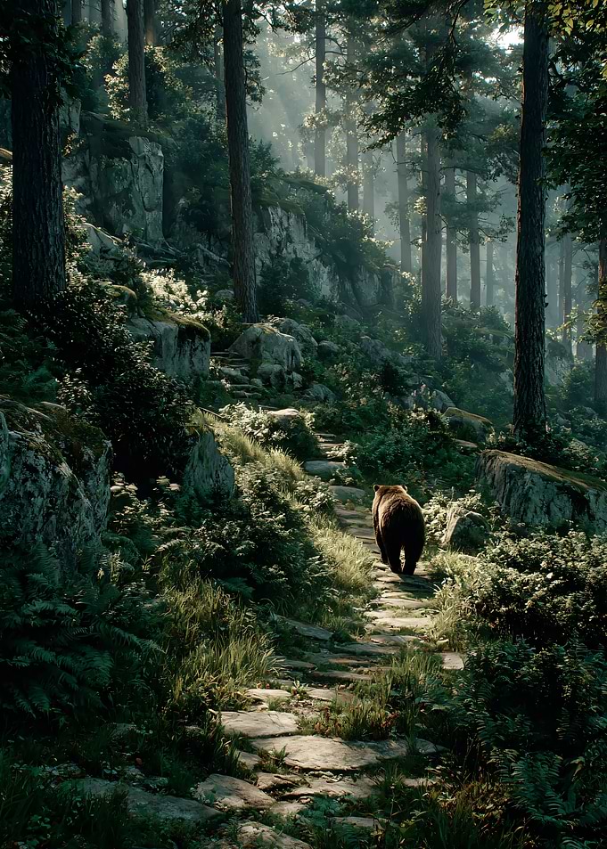 Bear walking on a forest path