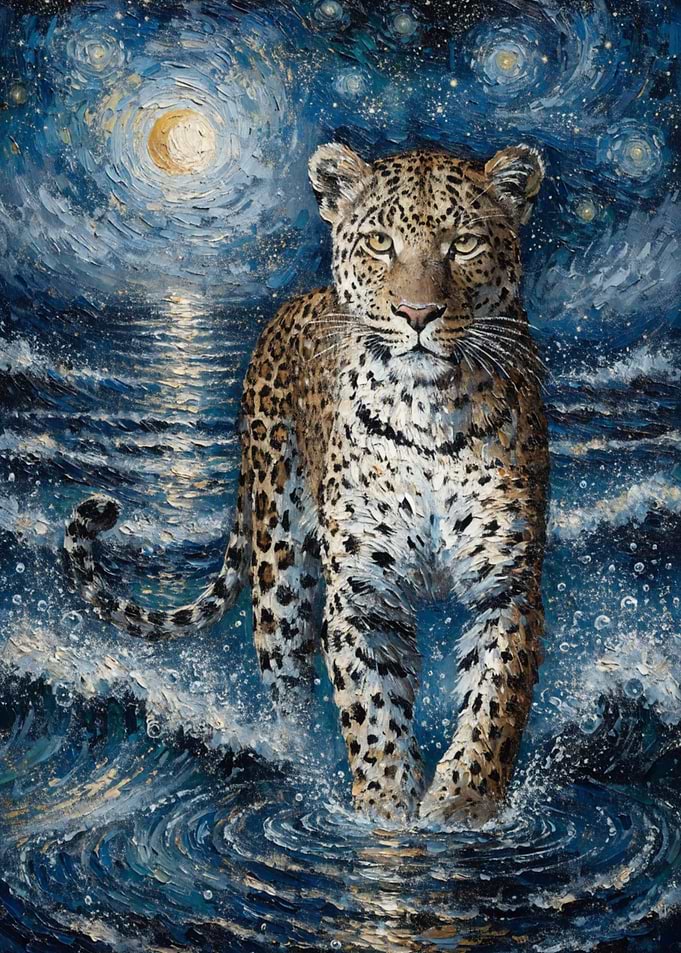 Leopard in Starry Night Water