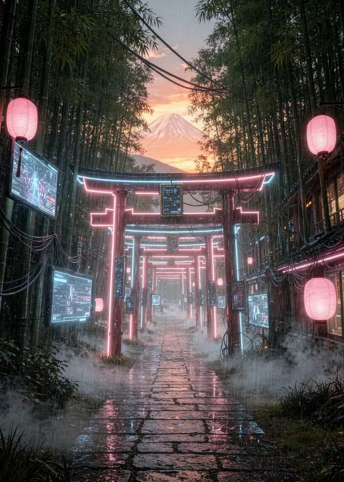 Cyberpunk Torii Gate Path