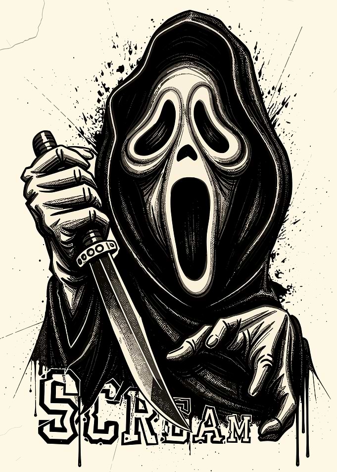 Ghostface with Knife and Scream Text
