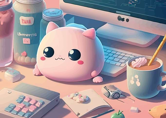 Cute Pink Cat Character at Desk