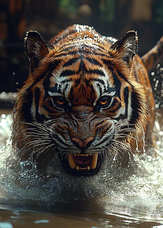 Fierce Tiger Emerging from Water