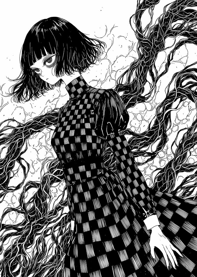 Gothic Girl in Checkered Dress