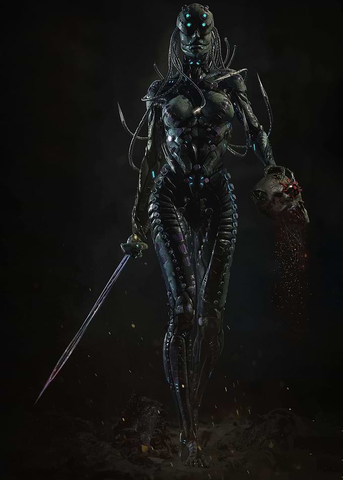Cybernetic Warrior with Sword and Skull