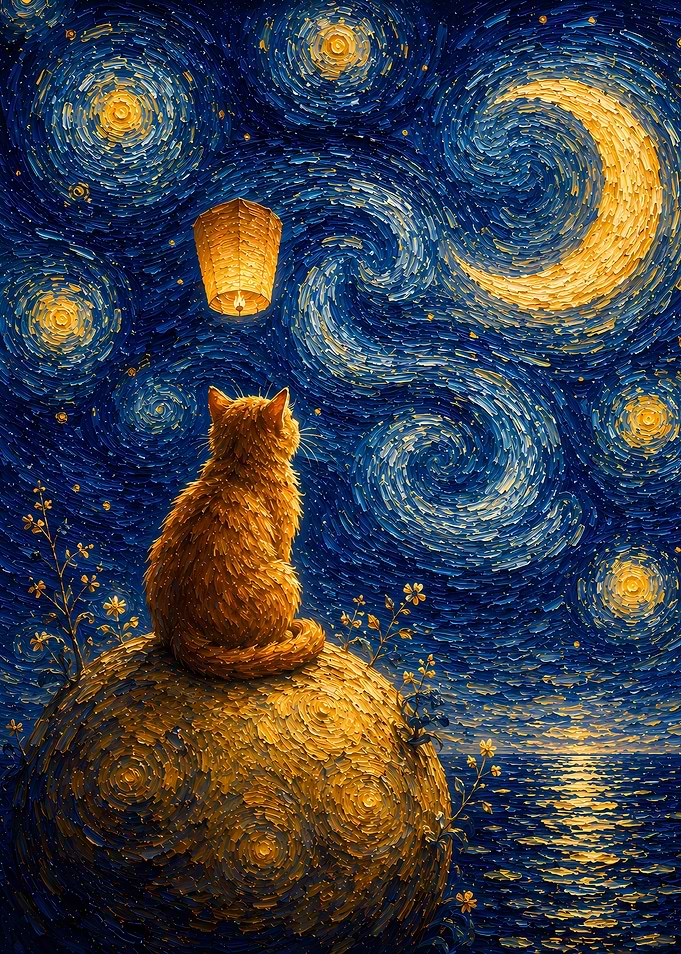 Cat Gazing at Starry Night Sky