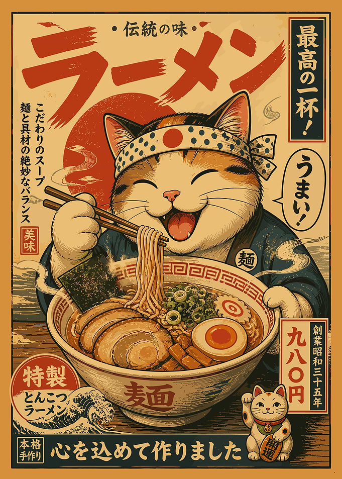 Cute Ramen Cat Japanese Vintage Poster Wall Art | Kawaii Anime Kitchen Decor