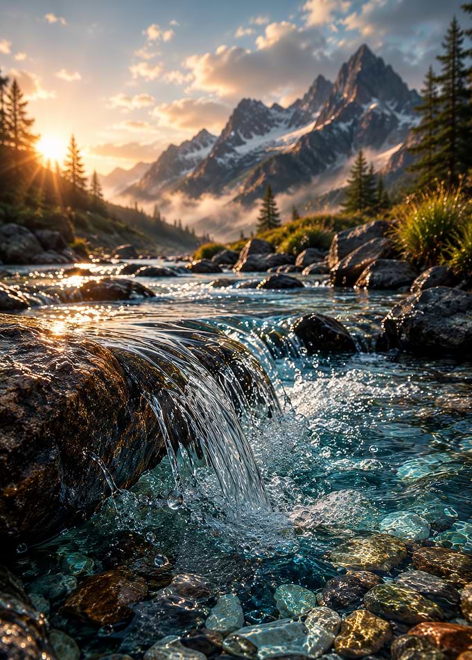 Mountain Stream at Sunset