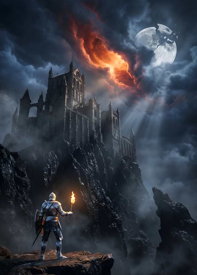 Knight with Torch Before Castle