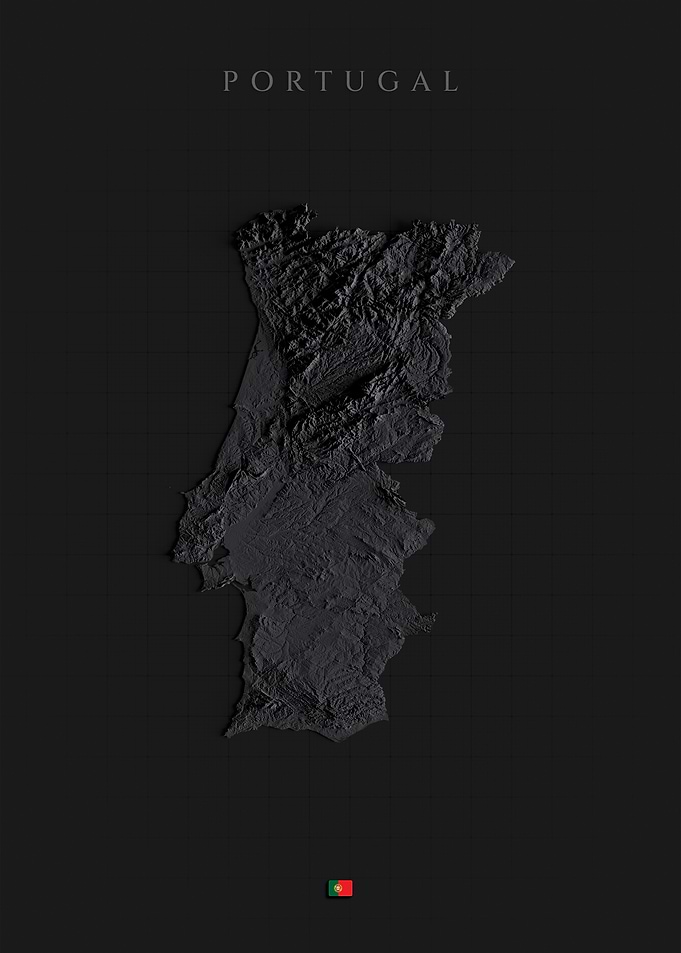 Portugal Topographic Map - Dark Shaded Relief, 3D Elevation Poster