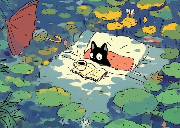 Black Cat Reading by a Pond