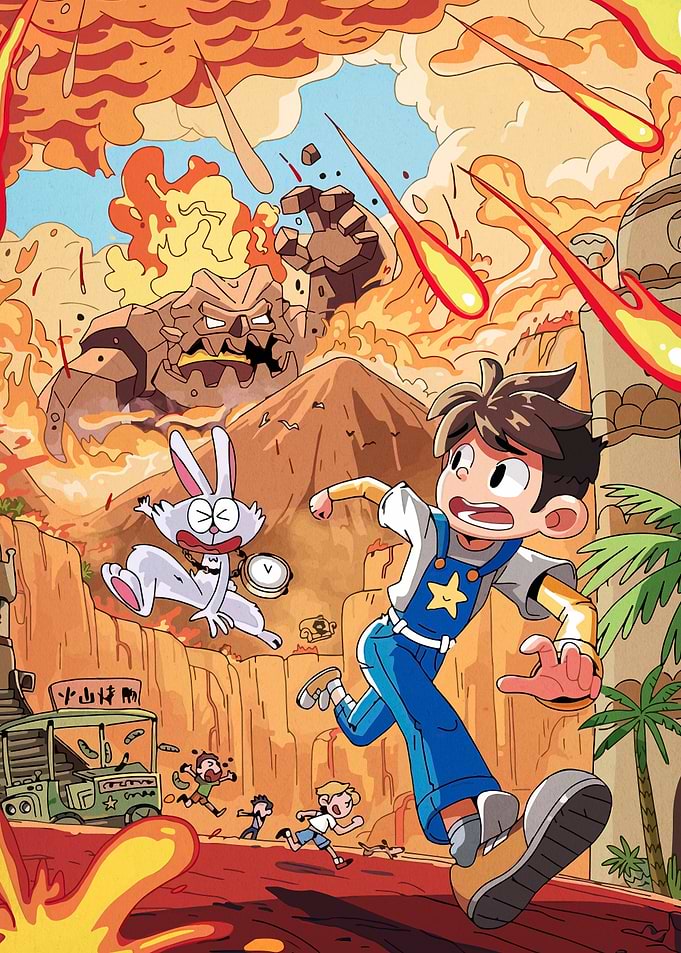 Boy and Rabbit Fleeing Volcanic Eruption