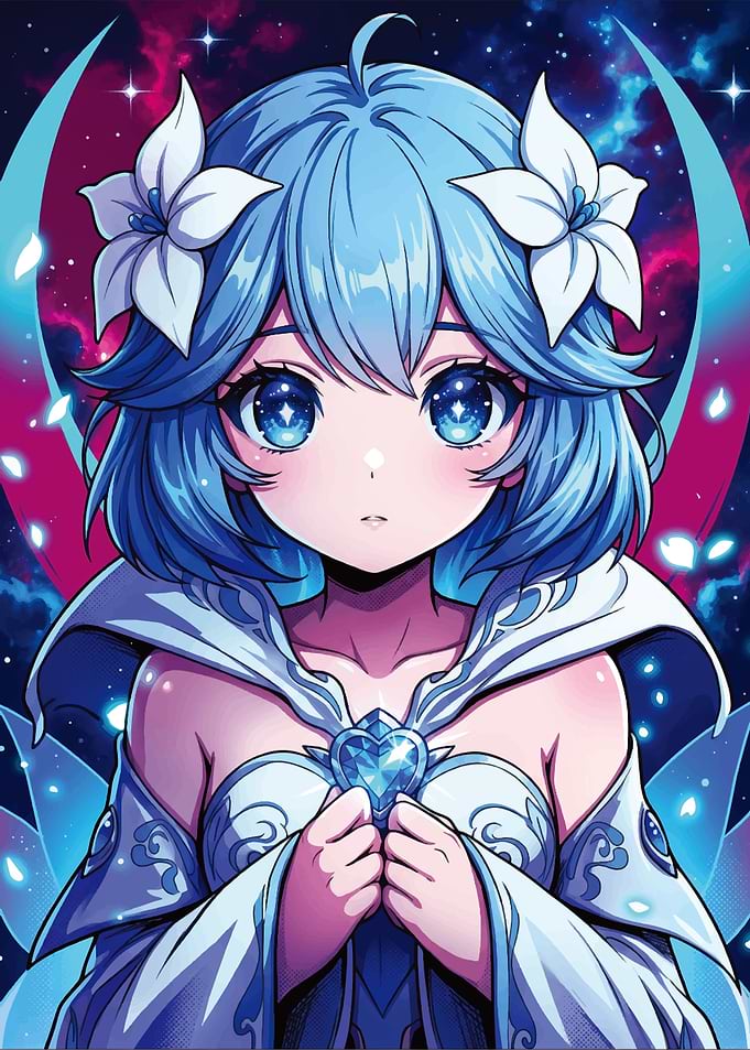 Anime Girl with Blue Hair and Flowers