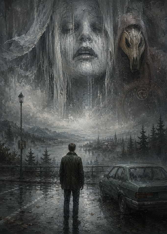 Surreal Rainy Landscape with Giant Face