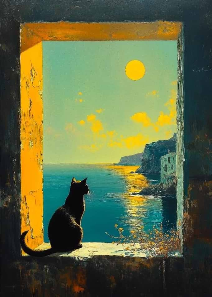 Black Cat Gazing at Coastal Sunset