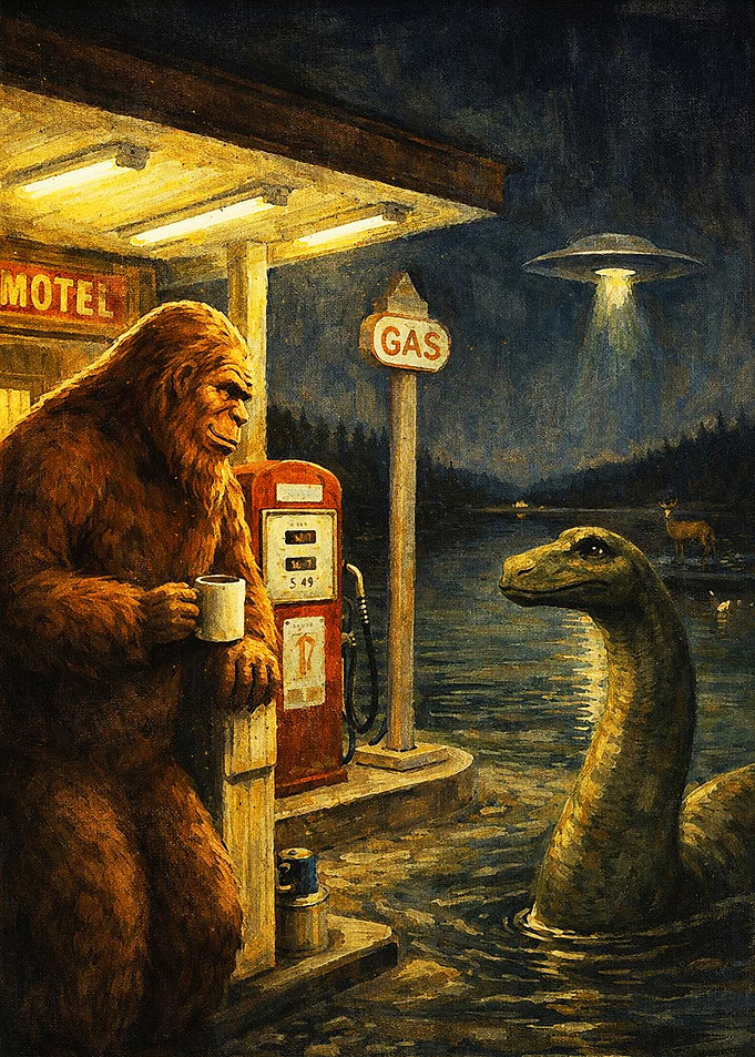 Bigfoot and Nessie at a Gas Station