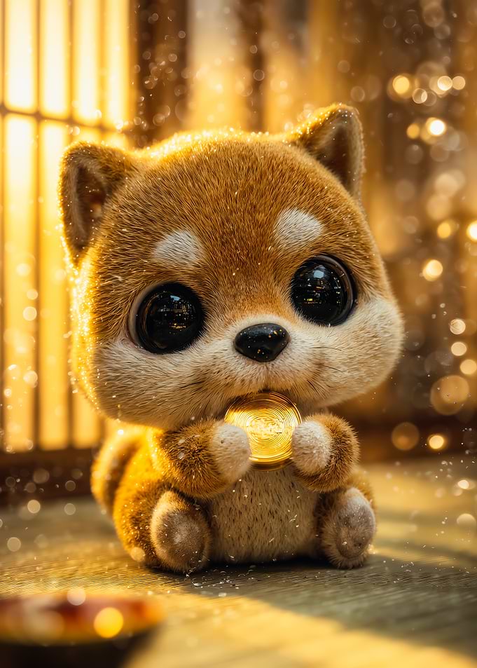 Cute Shiba Inu Puppy Holding Golden Coin