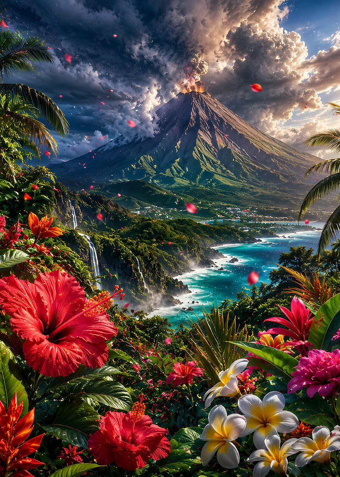 Volcanic Eruption Over Tropical Paradise