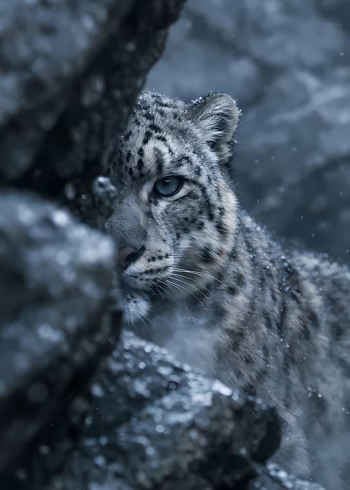 Snow Leopard Peeking from Rocks