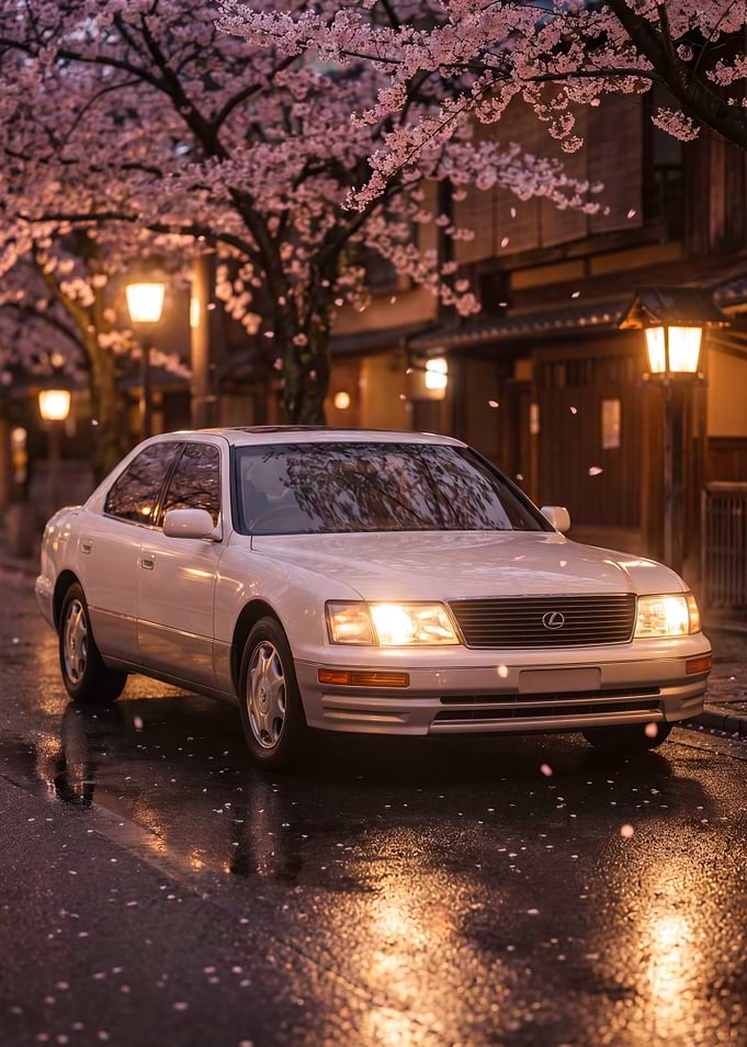 White Lexus LS400 in Cherry Blossom Lane