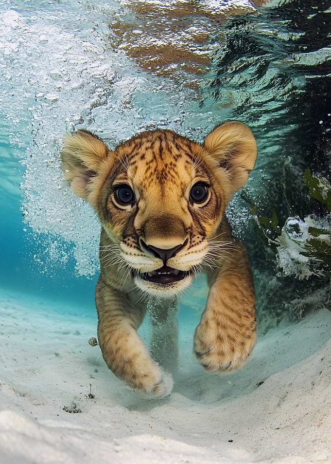 Lion cub swimming underwater