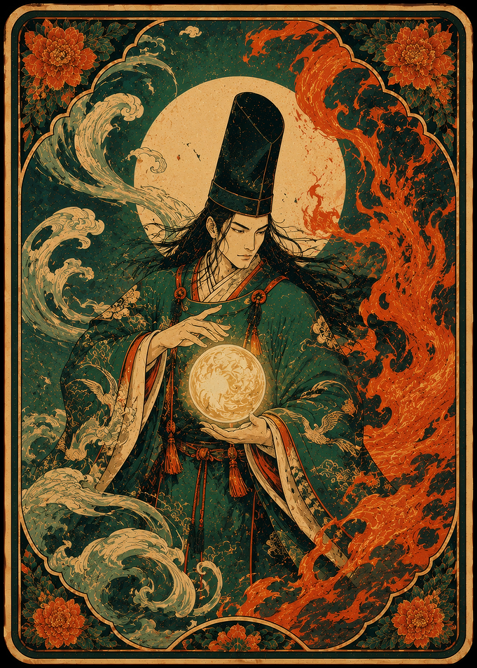 Mystical Asian Man Holding Orb Tarot Card