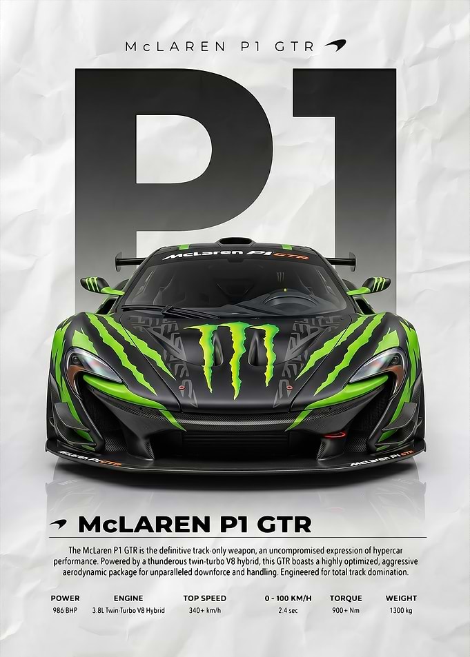 A striking mclaren p1 gtr Monster Livery car poster