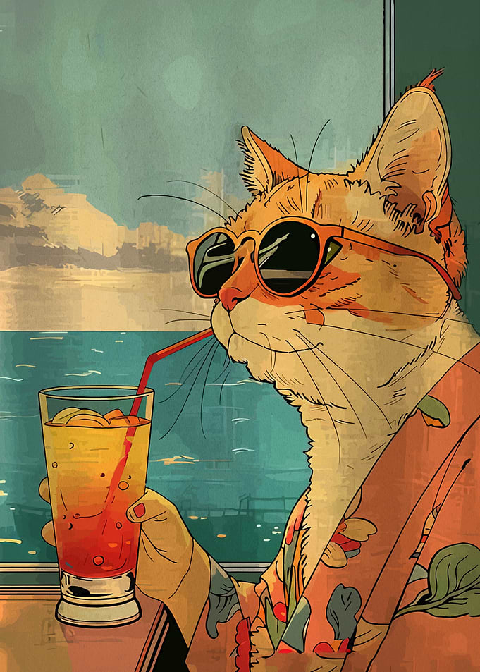Cat in Sunglasses Drinking Cocktail