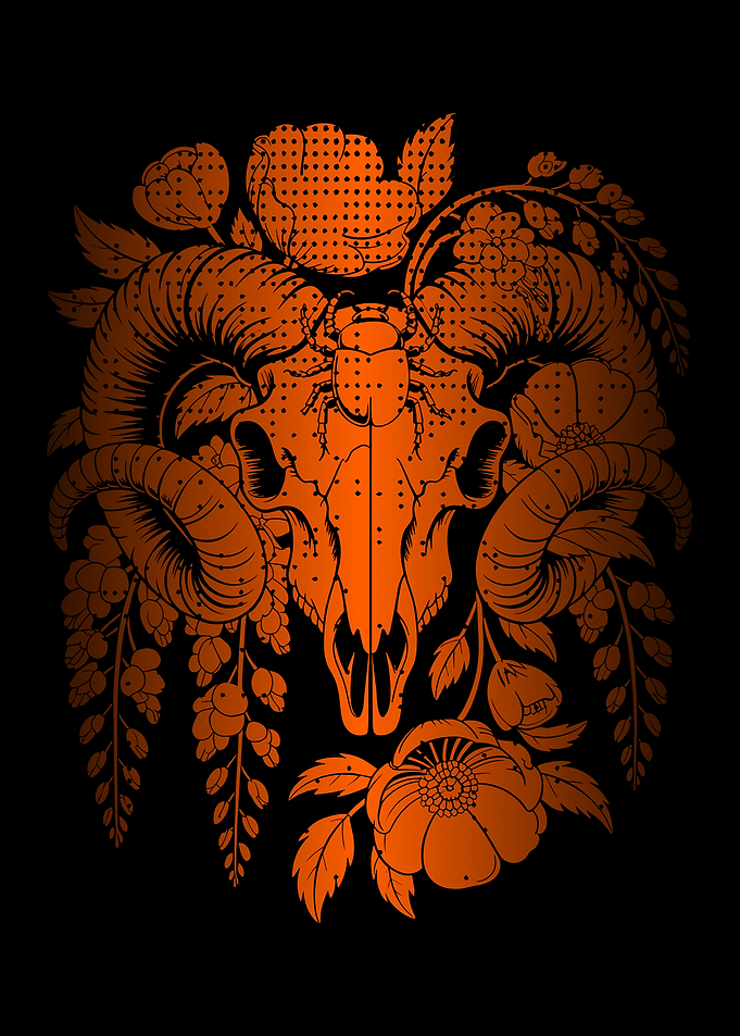 Ram Skull with Beetle and Flowers