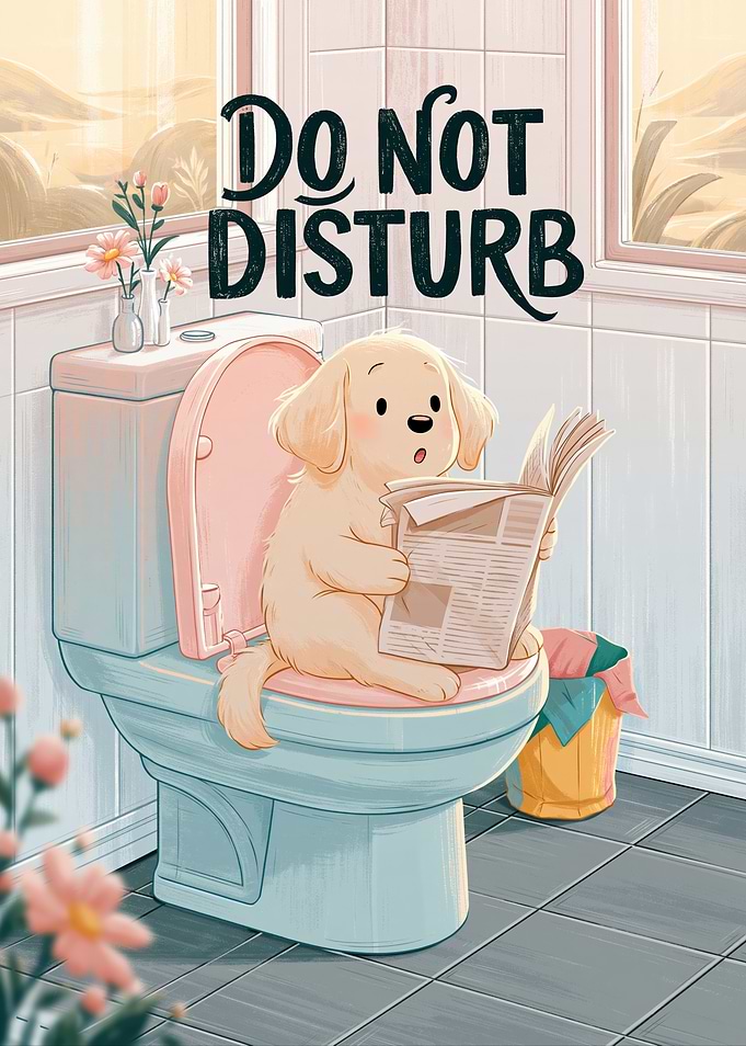 Cute Dog Reading Newspaper on Toilet