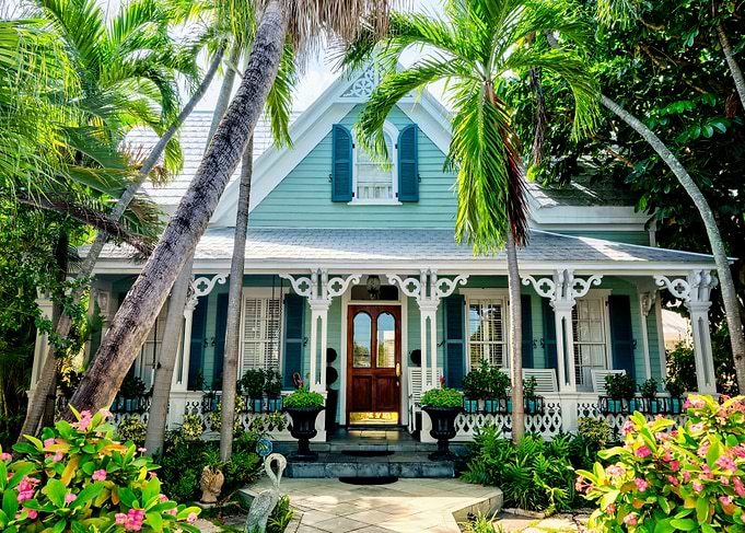 Tropical Conch House with Palm Trees