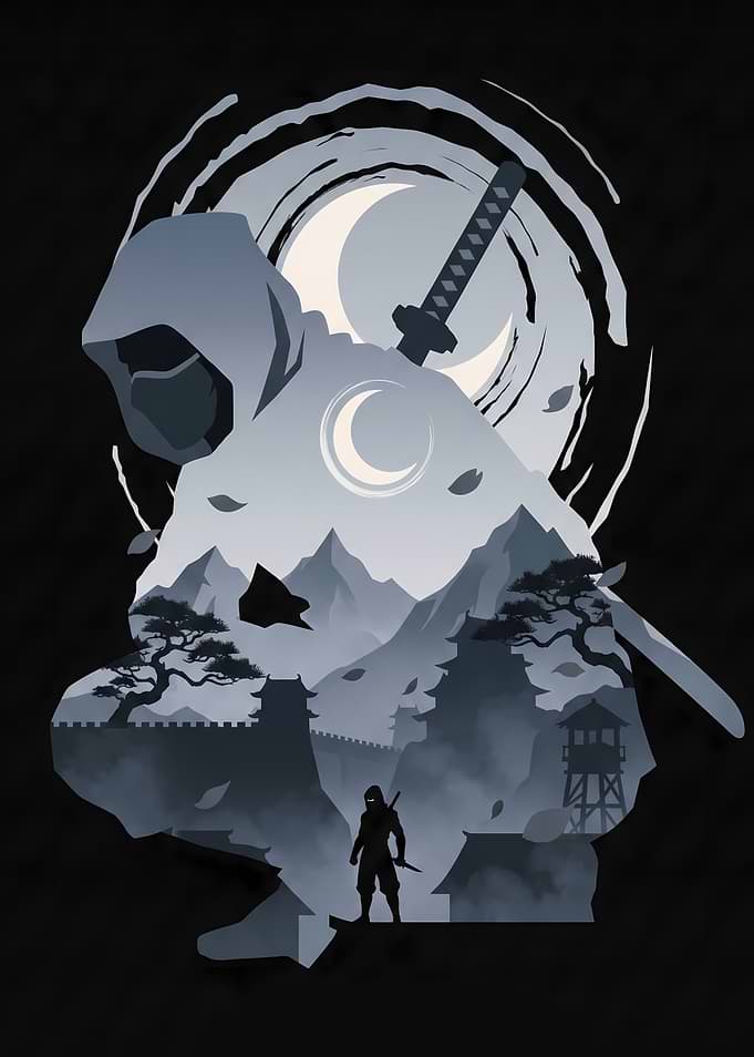 Ninja Silhouette in Moonlit Landscape