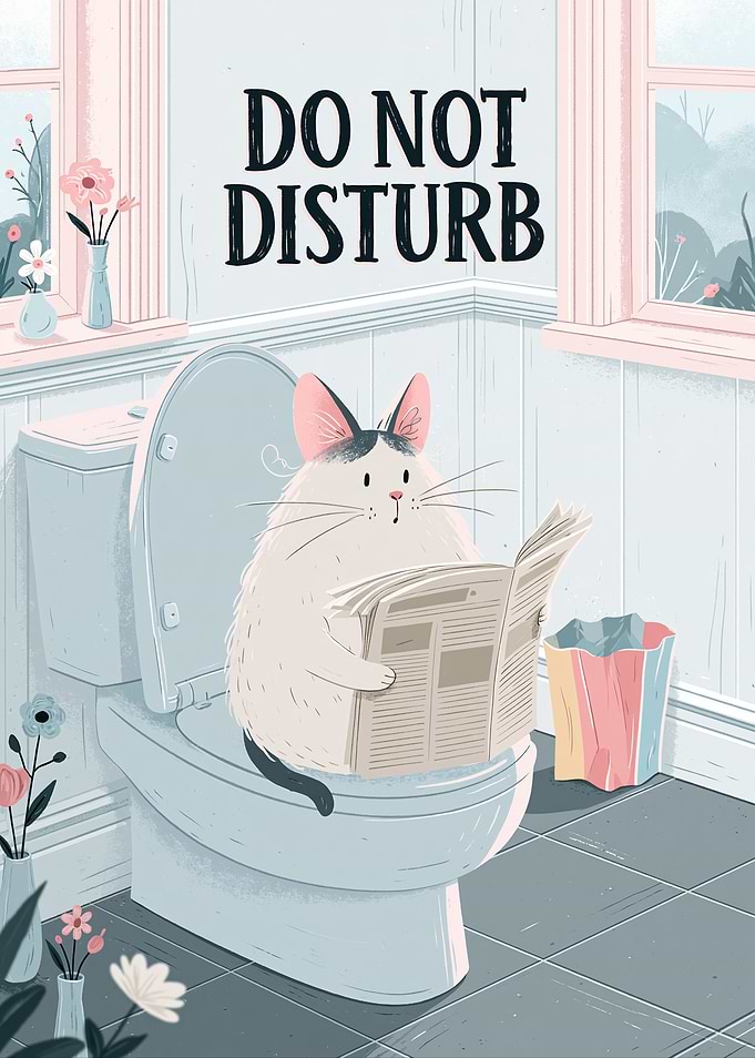 Cat Reading Newspaper on Toilet