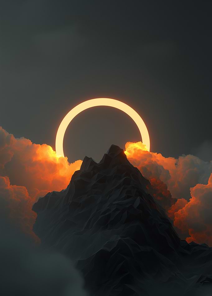 Mountain Peak with Fiery Clouds and Ring of Light