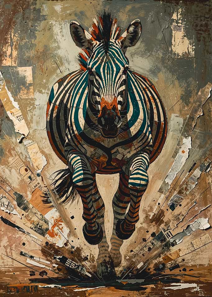 Orange Teal Charging Zebra Collage
