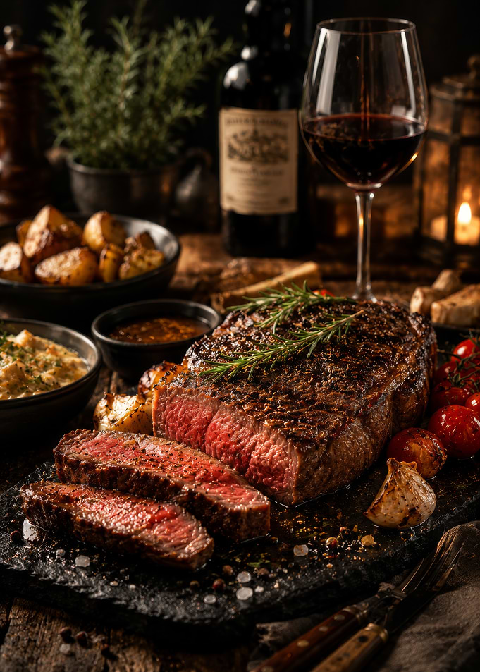 Gourmet Steak Dinner with Wine