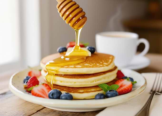 Stack of Pancakes with Berries and Honey