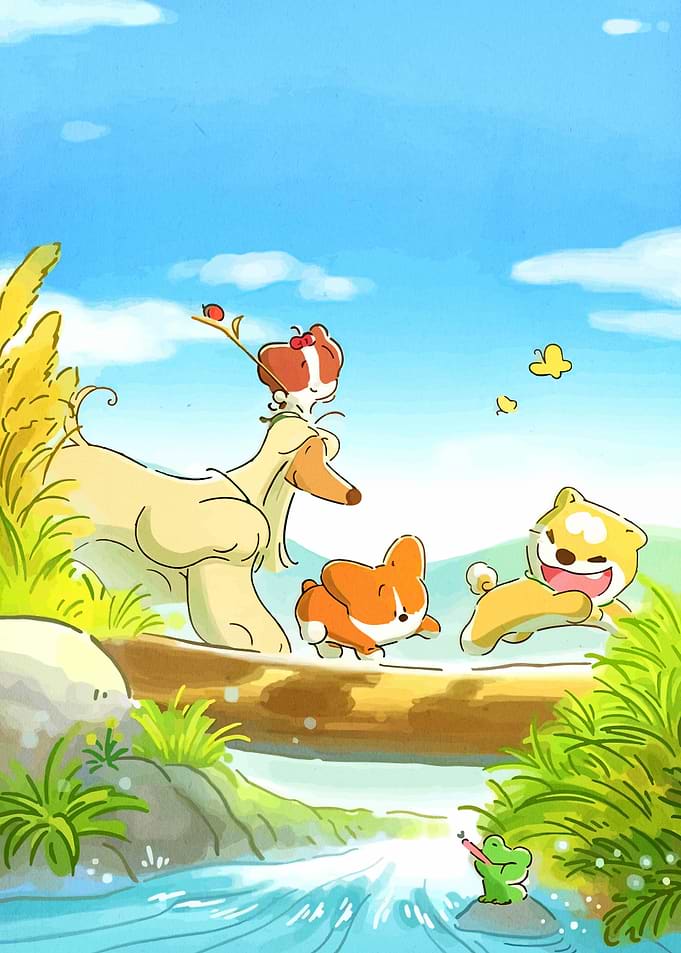 Cute dogs and frog by a stream