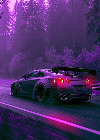 Purple Neon Nissan GT-R on a Forest Road