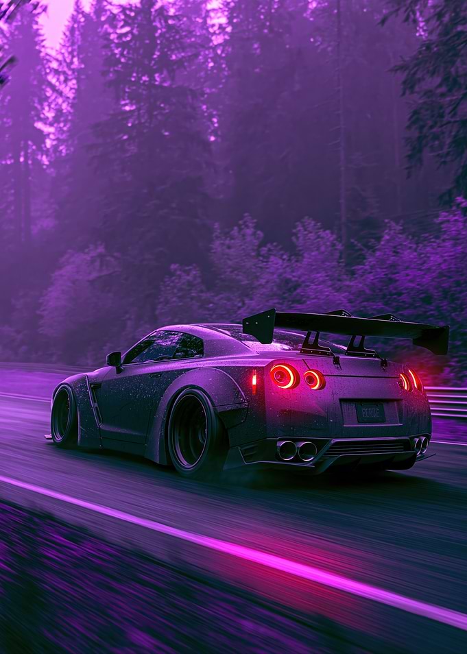 Purple Neon Nissan GT-R on a Forest Road